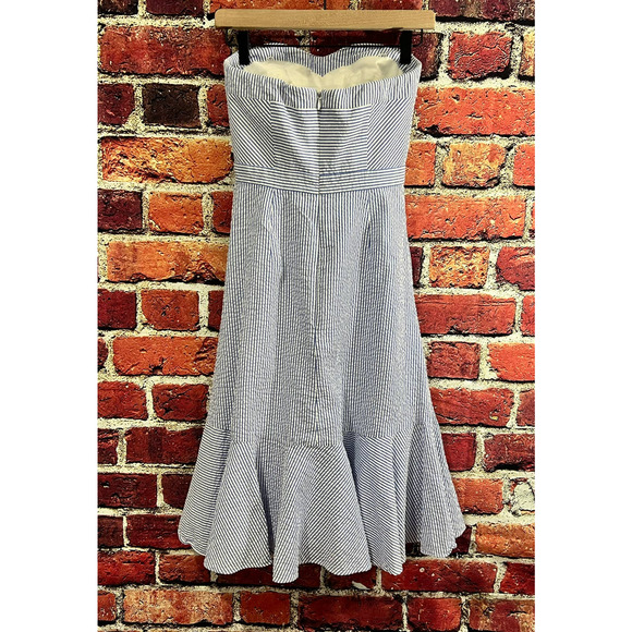 J CREW Seersucker Strapless A Line Midi Dress in Blue White Size 00 - Picture 5 of 8